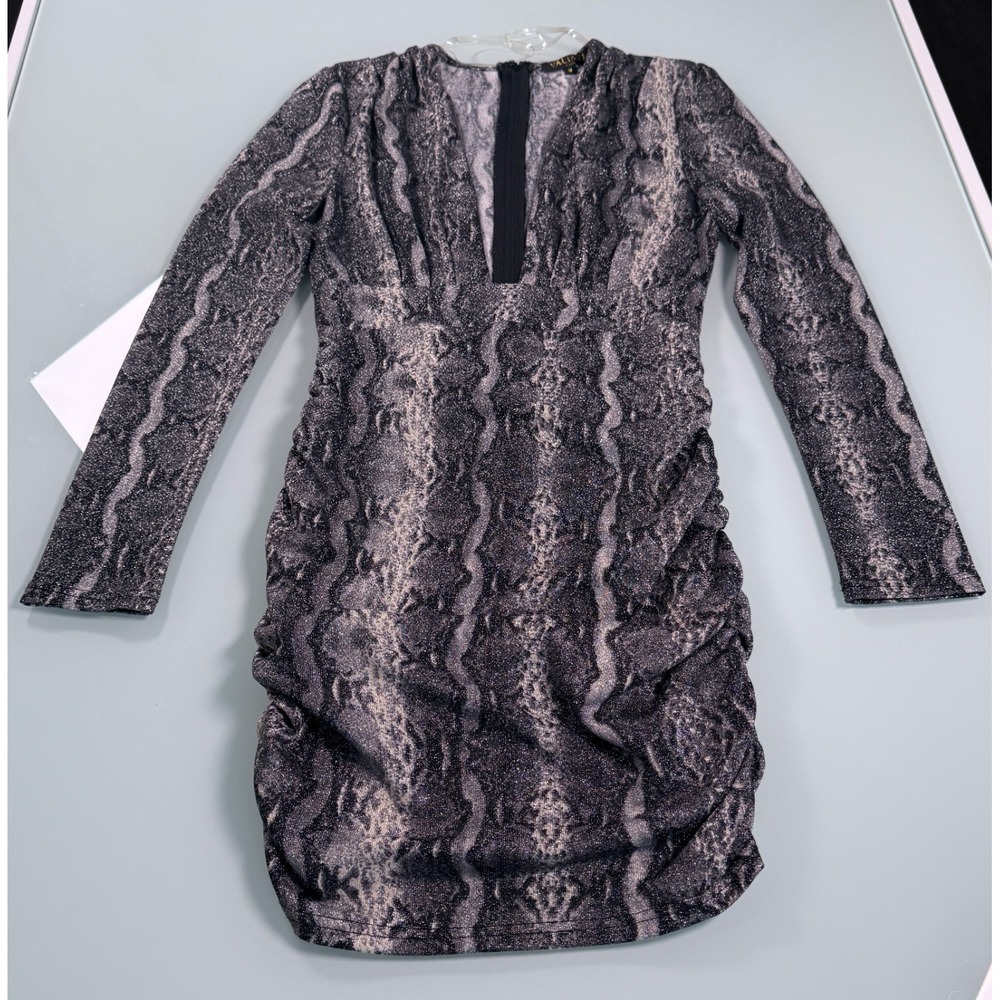Valiant Paris Snake Print Ruched Bodycon Mini Dress Long Sleeve Gray - Sz Medium